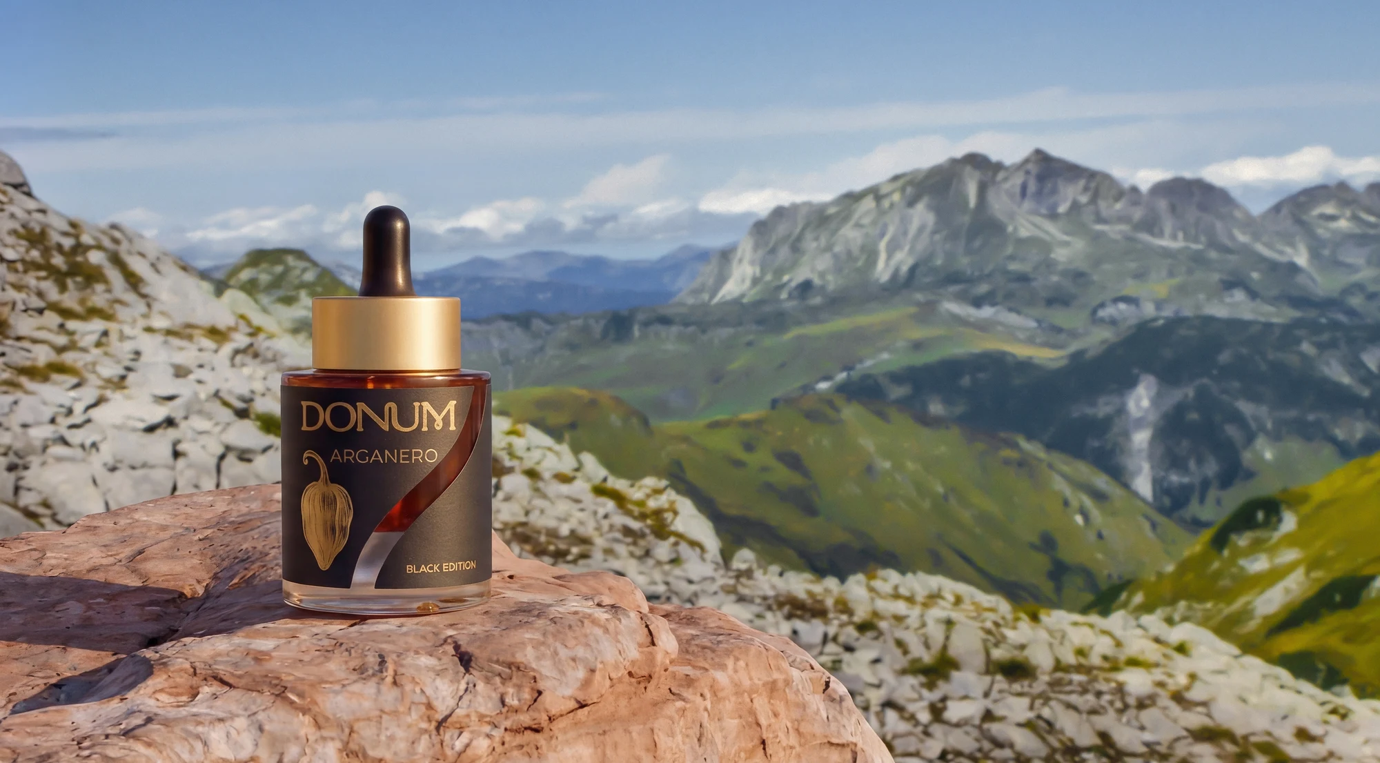 DONUM ARGANERO Black Edition auf einem Felsen vor österreichischem Alpenpanorama